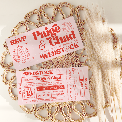 Gig/ Concert Ticket Inspired Disco Ball Wedding Invitations Red & Pink - Design 3