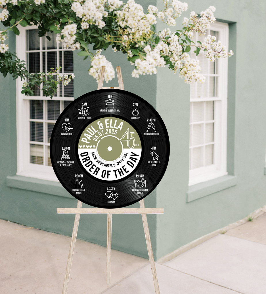 Round/ Circular Wedding Order Of The Day Sign - Printed Vinyl Record Design Sage Green