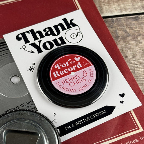 Wedding Favour Bottle Opener Magnets Vinyl Record Design with Mini Backing Cards Version 2