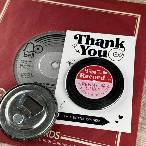 Wedding Favour Bottle Opener Magnets Vinyl Record Design with Mini Backing Cards Version 2
