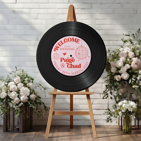 Round/ Circular Wedding Welcome Sign - Printed Vinyl Record Disco Ball Design Pink & Red
