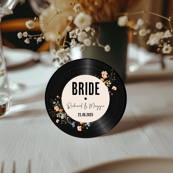 Wedding Name Place Cards - Wildflower Floral Vinyl Record Design