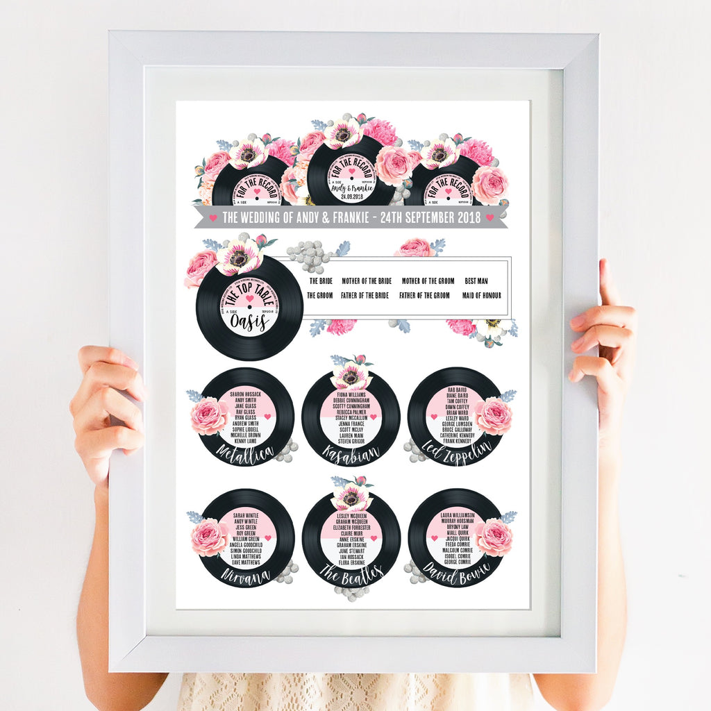 Wedding Table Plan - Printed Floral Vinyl Record Design Pink