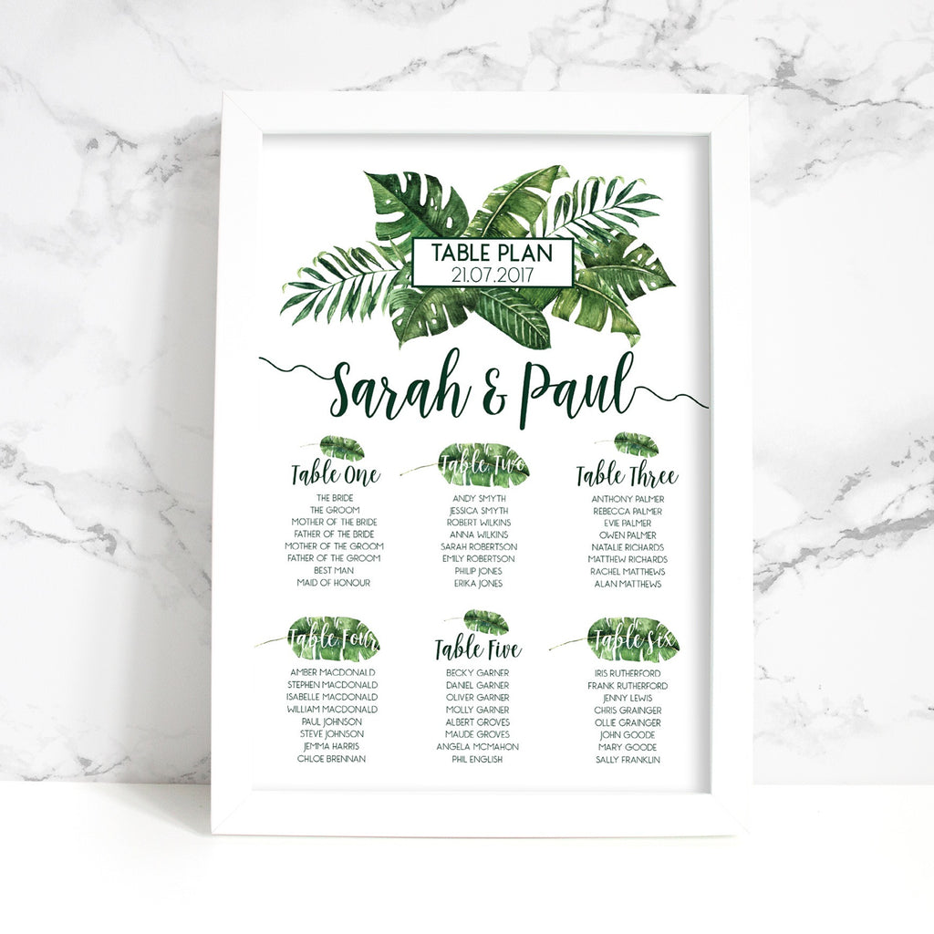 Tropical Palm Leaf Wedding Table Plan