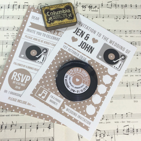 Vinyl Record Inspired Wedding Invitations with Fridge Magnets