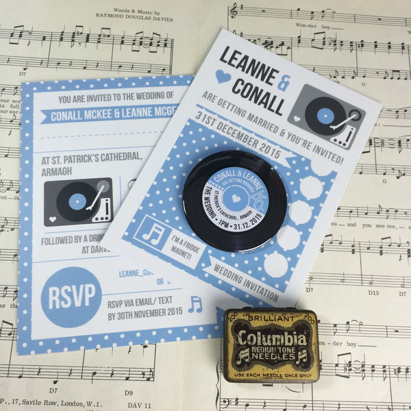 Vinyl Record Inspired Wedding Invitations with Fridge Magnets