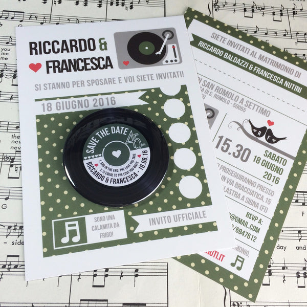 Vinyl Record Inspired Wedding Invitations with Fridge Magnets