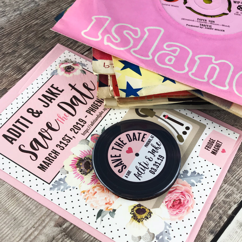 Floral Vinyl Record Inspired Save The Date Magnets with Postcards