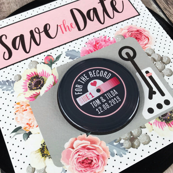 Floral Vinyl Record Inspired Save The Date Magnets with Square Backing Cards Pink
