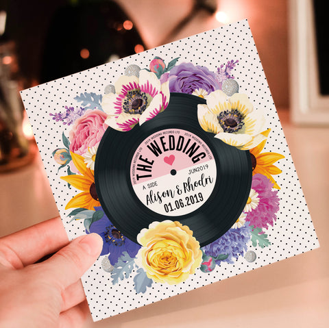 Floral Vinyl Record Inspired Wedding Invitations Bright (Sunflowers)