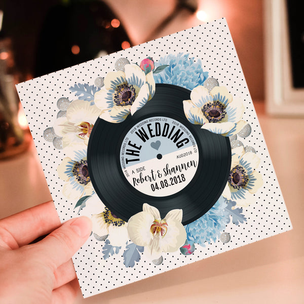 Floral Vinyl Record Inspired Wedding Invitations Blue