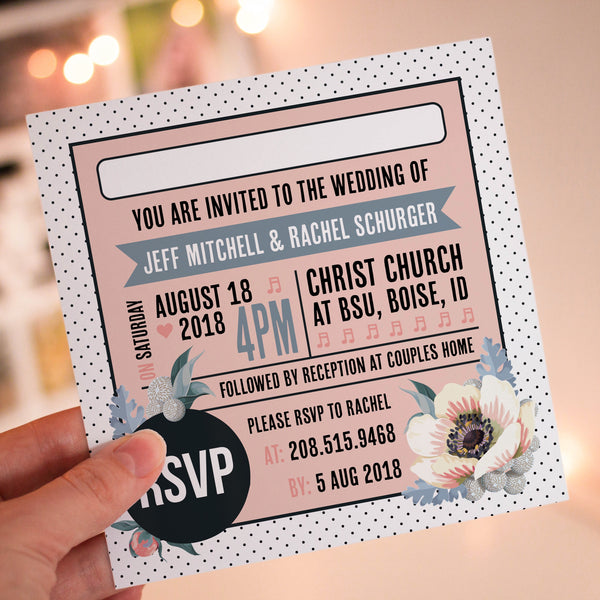 Floral Vinyl Record Inspired Wedding Invitations Slate Blue & Pink