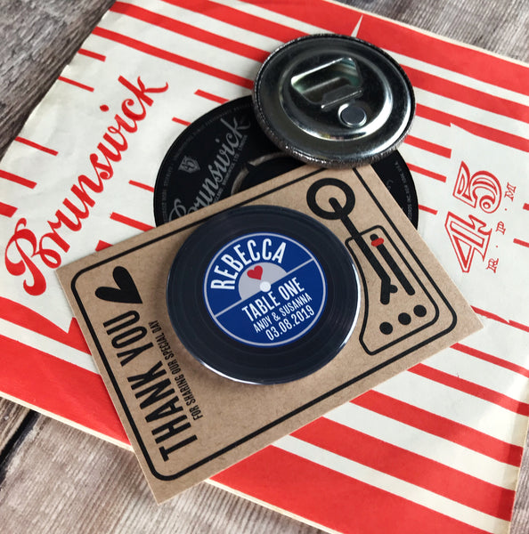 Wedding Favour/ Place Card Bottle Opener Magnets Vinyl Record Design with Mini Turntable Backing Cards