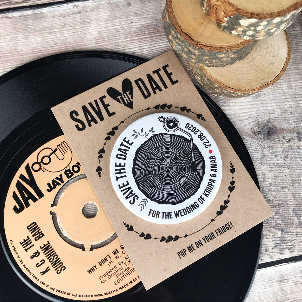 Save The Date Magnets Tree Stump Slice Turntable Design with Mini Backing Cards