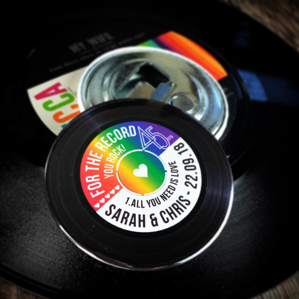 Wedding Favour Bottle Openers - Rainbow Vinyl Record Design