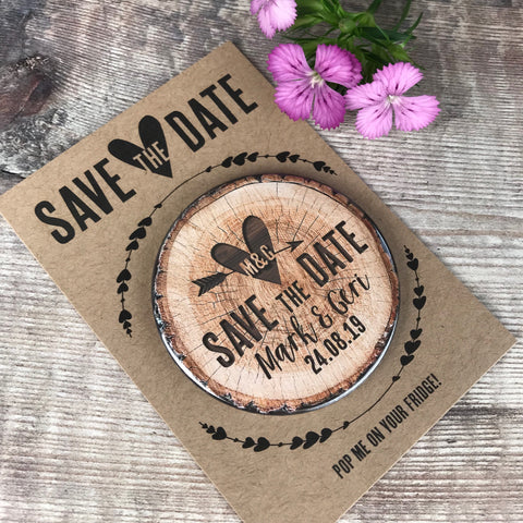 Save The Date Magnets Woodland Tree Stump Design with Mini Backing Cards