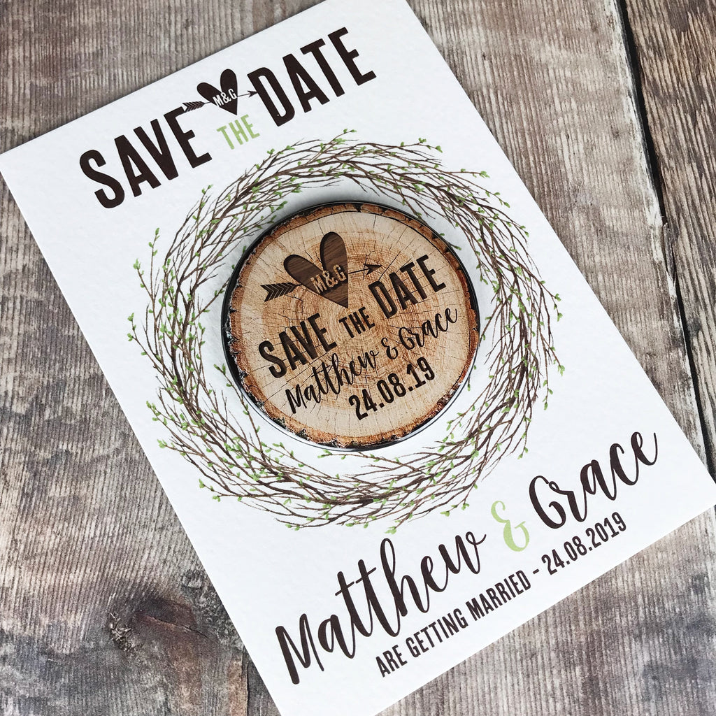 Woodland Tree Stump Save The Date Magnets with Postcards - Spring Leaves