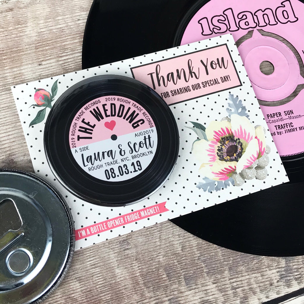 Wedding Favour Bottle Opener Magnets Floral Vinyl Record Design with Mini Backing Cards (Pink)