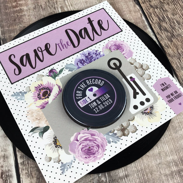 Floral Vinyl Record Inspired Save The Date Magnets with Square Backing Cards Purple