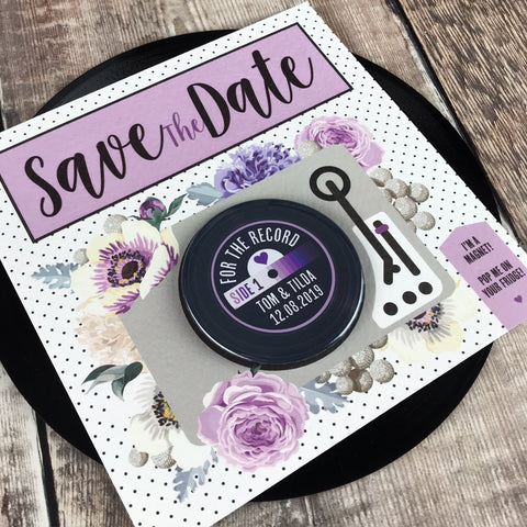 Floral Vinyl Record Inspired Save The Date Magnets with Square Backing Cards Purple