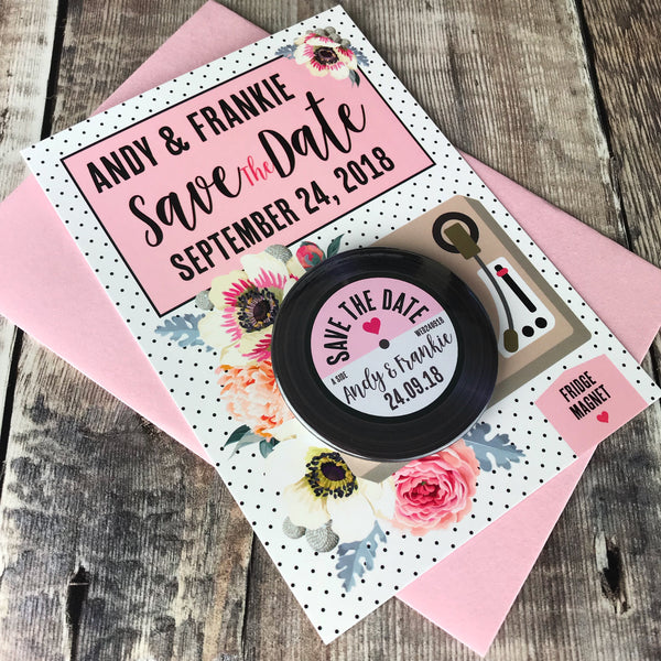 Floral Vinyl Record Inspired Save The Date Magnets with Postcards