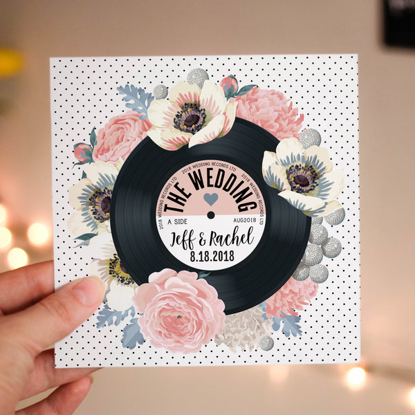Floral Vinyl Record Inspired Wedding Invitations Slate Blue & Pink