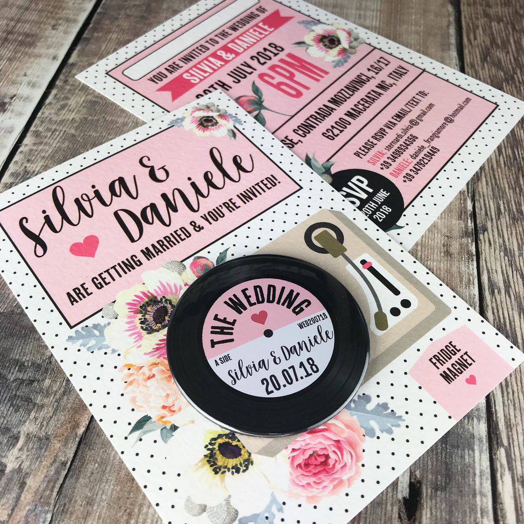 Floral Vinyl Record Inspired Wedding Invitations with Fridge Magnets Pink