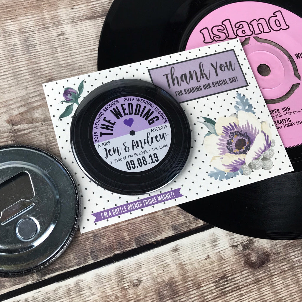 Wedding Favour Bottle Opener Magnets Floral Vinyl Record Design with Mini Backing Cards (Purple)