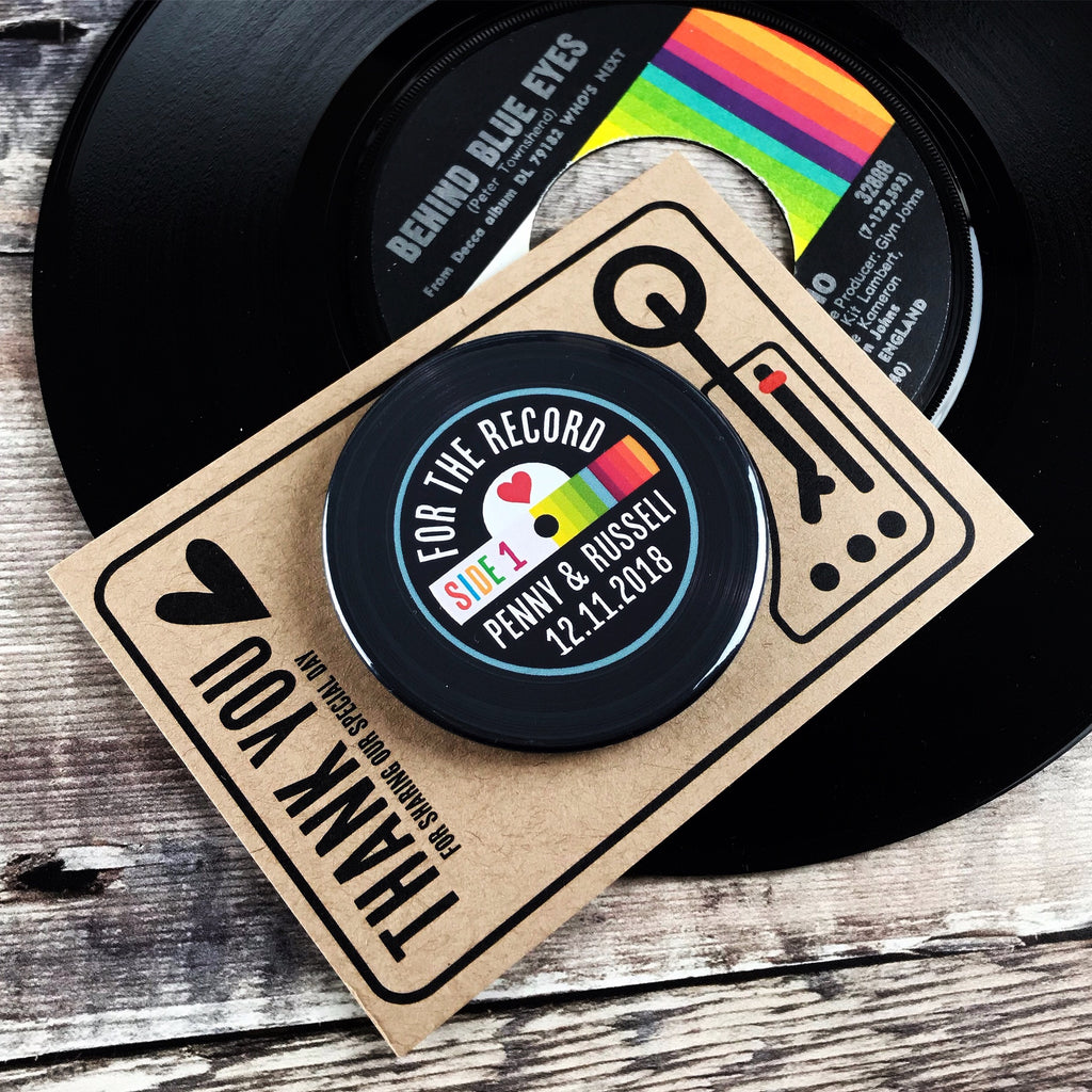 Wedding Favour Bottle Opener Magnets Vinyl Record Rainbow Design 2 with Mini Turntable Backing Cards