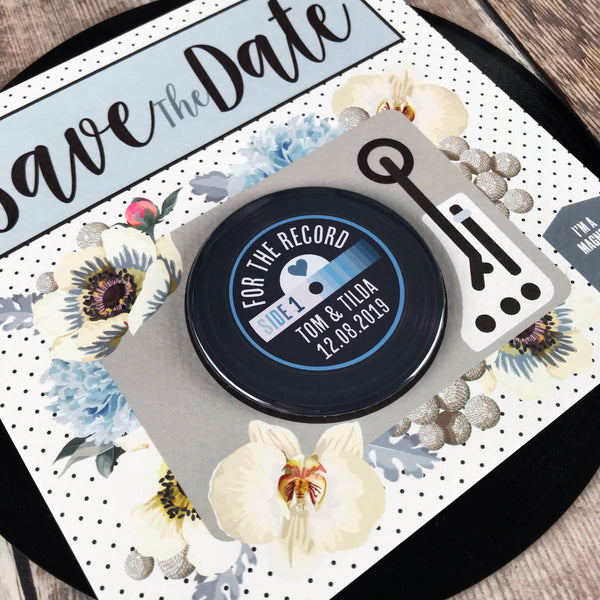 Floral Vinyl Record Inspired Save The Date Magnets with Square Backing Cards Blue