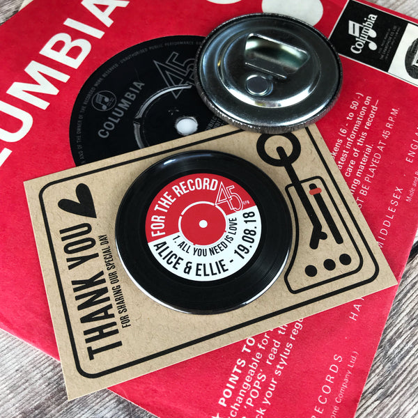 Wedding Favour Bottle Opener Magnets Vinyl Record Design with Mini Turntable Backing Cards