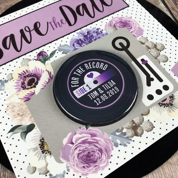 Floral Vinyl Record Inspired Save The Date Magnets with Square Backing Cards Purple
