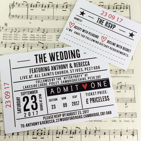 Gig/ Concert Ticket Inspired Wedding Invitations - Design 1