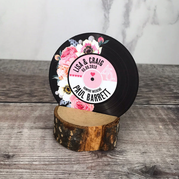 Wedding Name Place Cards - Floral Vinyl Record Design