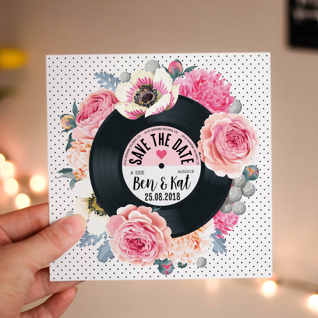 Floral Vinyl Record Inspired Wedding Save The Date Cards