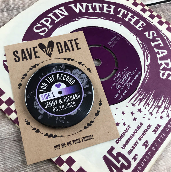Save The Date Magnets Vinyl Record Design (Etched Floral) with Mini Backing Cards