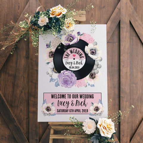 Wedding Welcome Sign - Floral Vinyl Record Design