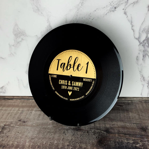 Real 7” Vinyl Wedding Table Numbers/ Names - Metallic Gold Record Design