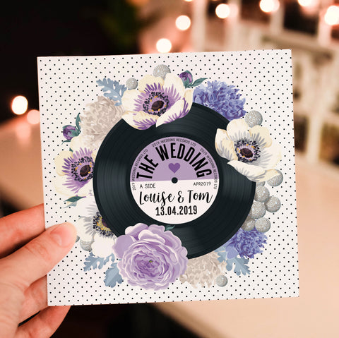 Floral Vinyl Record Inspired Wedding Invitations Purple