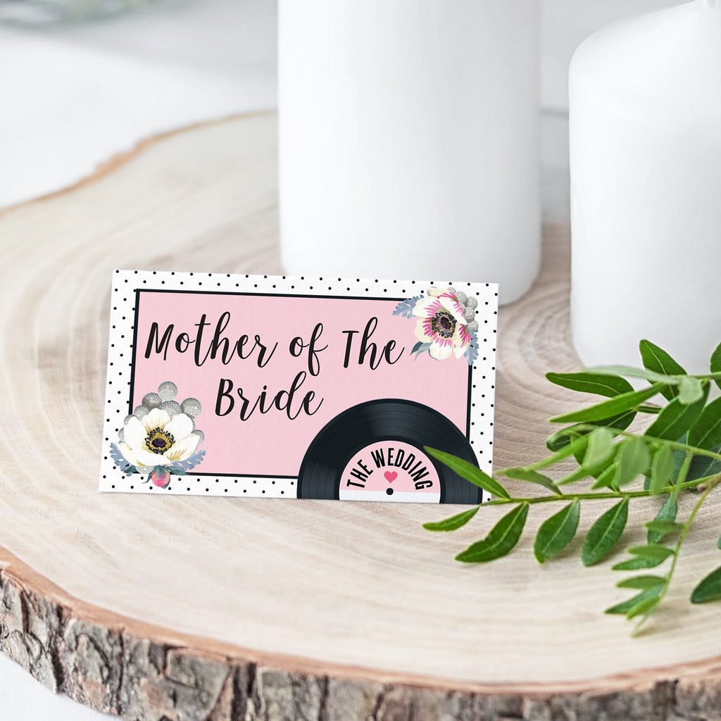 Wedding Name Place Cards - Floral Vinyl Record Design Pink
