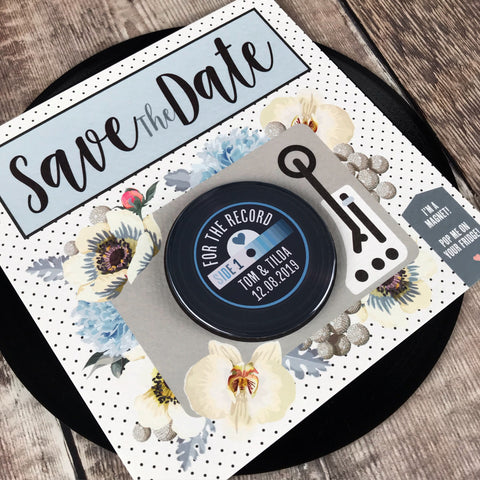 Floral Vinyl Record Inspired Save The Date Magnets with Square Backing Cards Blue