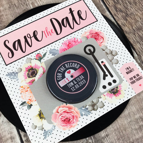 Floral Vinyl Record Inspired Save The Date Magnets with Square Backing Cards Pink