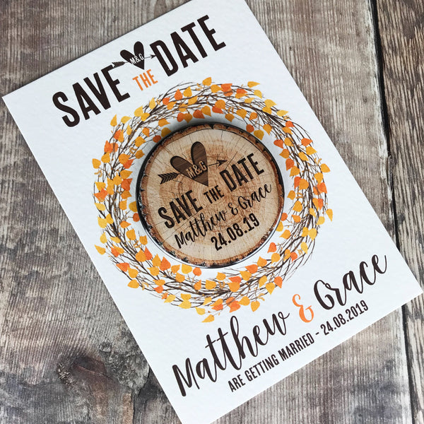 Woodland Tree Stump Save The Date Magnets with Postcards - Orange/ Autumn Leaves