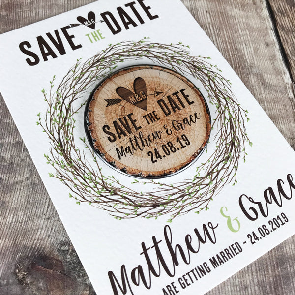 Woodland Tree Stump Save The Date Magnets with Postcards - Spring Leaves