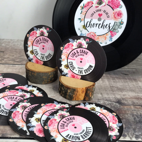 Wedding Name Place Cards - Floral Vinyl Record Design