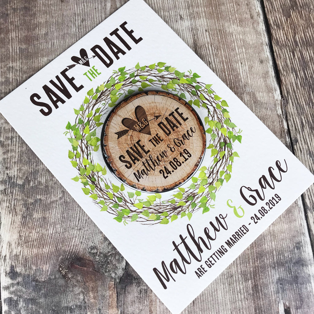 Woodland Tree Stump Save The Date Magnets with Postcards - Green Leaves