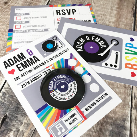 Vinyl Record Inspired Wedding Invitations with Fridge Magnets