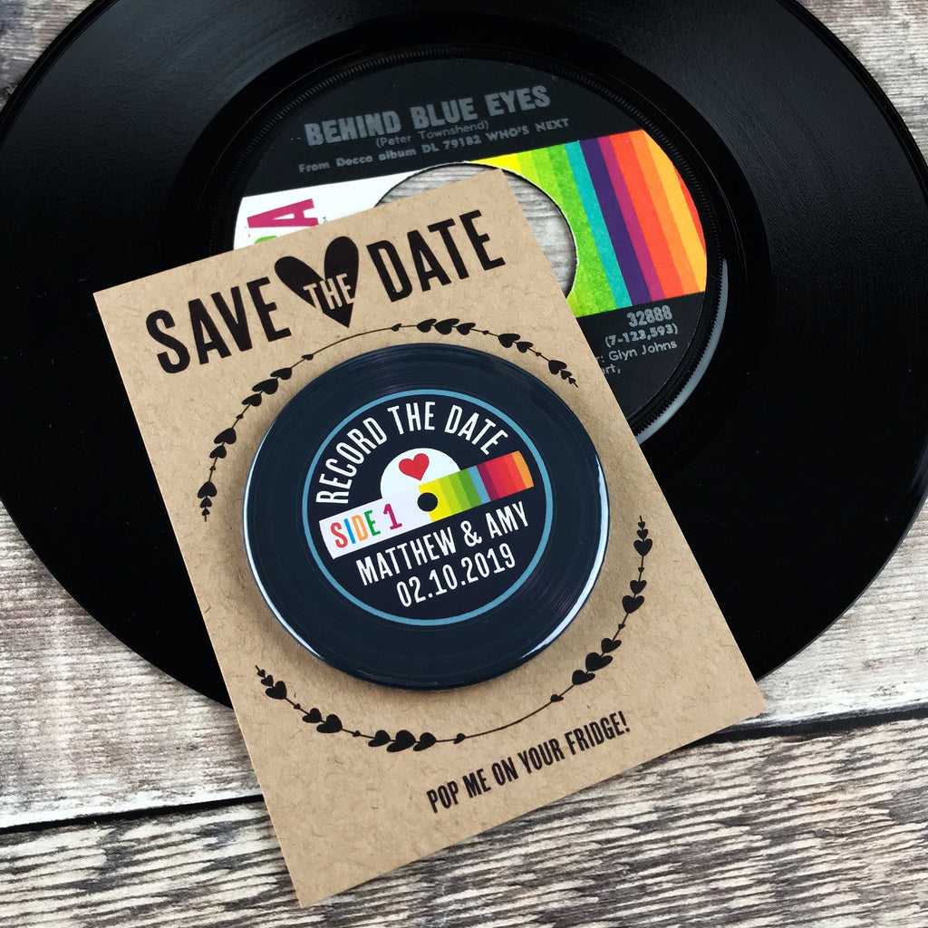 Save The Date Magnets Vinyl Record Design 2 (Rainbow) with Mini Backing Cards