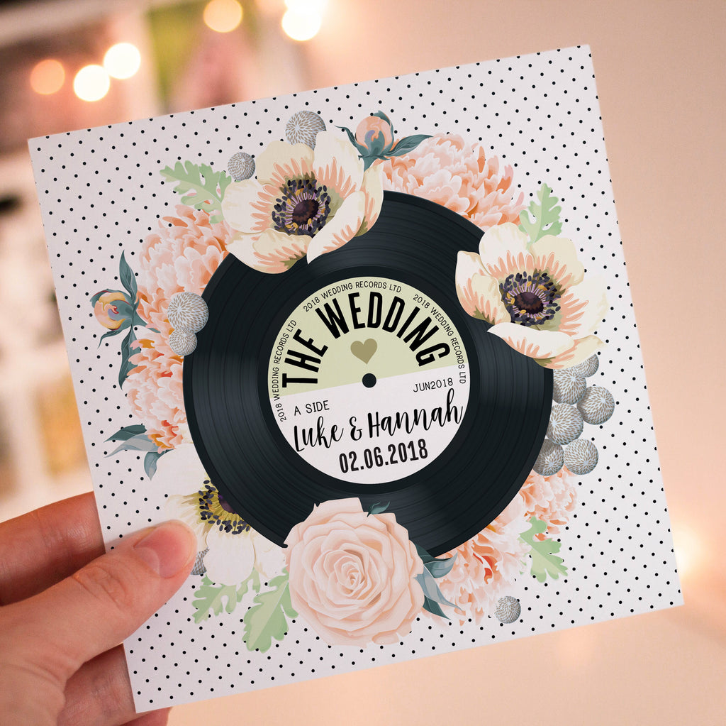 Floral Vinyl Record Inspired Wedding Invitations Peach & Green