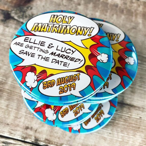 Save The Date Magnets Comic Book Holy Matrimony! Design